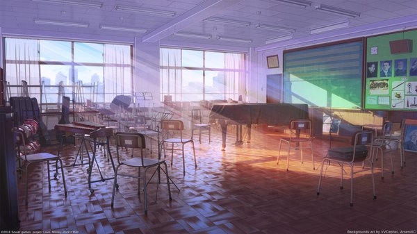 Anime picture 1920x1080 with love money rock'n'roll arsenixc highres wide image signed sunlight realistic wallpaper copyright name city cityscape no people scenic classroom 2016 window building (buildings) chair musical instrument piano