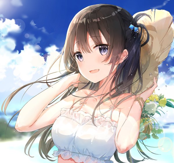 Anime-Bild 800x747 mit original fuumi (radial engine) single long hair looking at viewer blush fringe breasts open mouth black hair smile hair between eyes purple eyes bare shoulders holding sky cloud (clouds) upper body outdoors :d