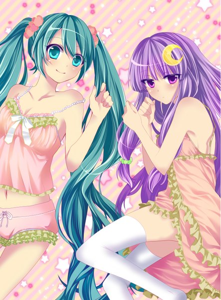 Anime picture 1181x1600 with touhou vocaloid hatsune miku patchouli knowledge mou-nanimo long hair tall image blush light erotic smile purple eyes twintails multiple girls cleavage purple hair aqua eyes aqua hair crescent girl thighhighs