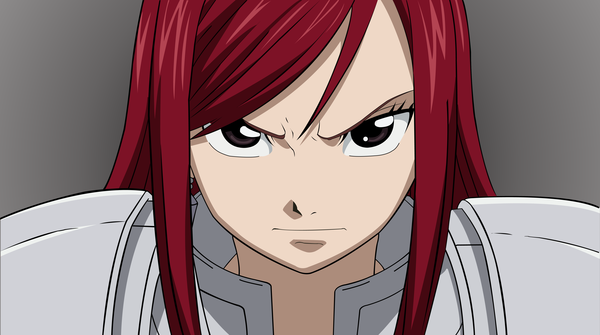 Anime picture 5338x2987 with fairy tail erza scarlet zagtul single long hair highres simple background wide image absurdres red hair grey background grey eyes angry girl earrings armor