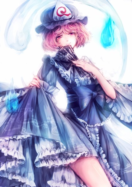 Anime picture 600x848 with touhou saigyouji yuyuko kyara36 single tall image looking at viewer fringe short hair smile standing pink hair pink eyes magic girl dress bow hat fan blue dress triangular headpiece