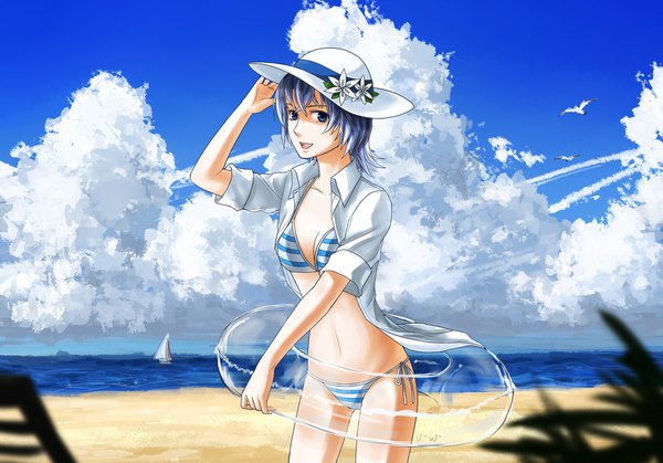 Anime picture 1690x1180 with black bullet kinema citrus seitenshi (black bullet) vicky w single looking at viewer fringe short hair breasts open mouth blue eyes smile hair between eyes standing blue hair sky cloud (clouds) :d arm up short sleeves