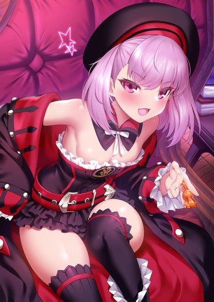 Anime picture 2508x3541 with fate (series) fate/grand order helena blavatsky (fate) mdastarou single tall image looking at viewer blush fringe highres short hair breasts open mouth light erotic smile sitting bare shoulders holding pink hair :d