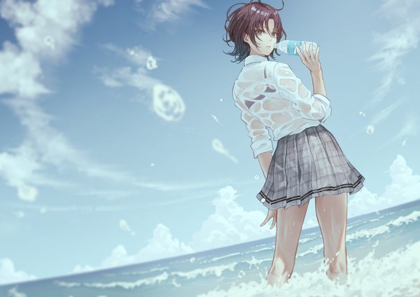 Anime picture 4093x2894 with idolmaster idolmaster shiny colors asakura tooru kaoming single looking at viewer fringe highres short hair black hair smile standing holding absurdres sky cloud (clouds) ahoge outdoors long sleeves parted lips