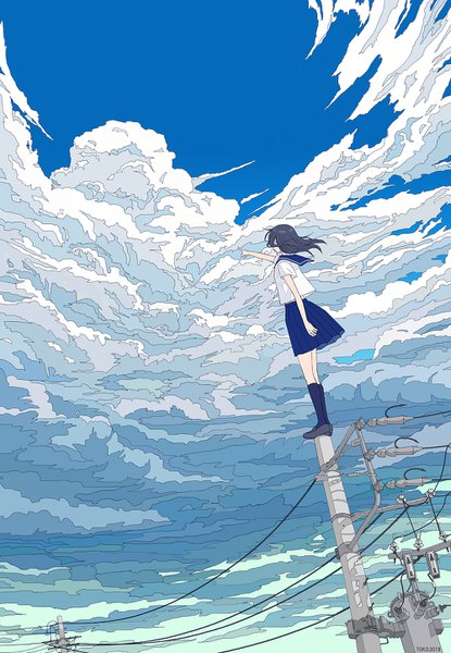 Anime picture 1000x1444 with original seraphitalg single long hair tall image black hair standing sky cloud (clouds) full body outdoors wind pointing girl uniform serafuku power lines