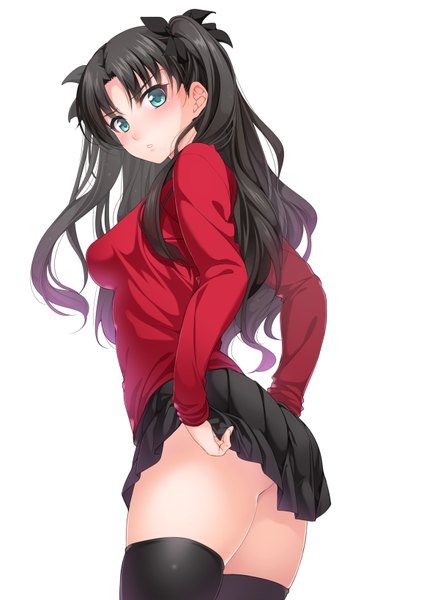Anime picture 1158x1638 with fate (series) fate/stay night type-moon toosaka rin chobipero single long hair tall image looking at viewer blush blue eyes light erotic black hair simple background white background girl thighhighs skirt black thighhighs miniskirt
