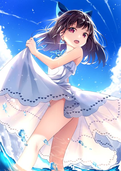 Anime picture 868x1228 with original moe2018 yan (nicknikg) single tall image short hair open mouth light erotic black hair red eyes sky cloud (clouds) sparkle partially submerged dress lift girl dress bow hair bow earrings