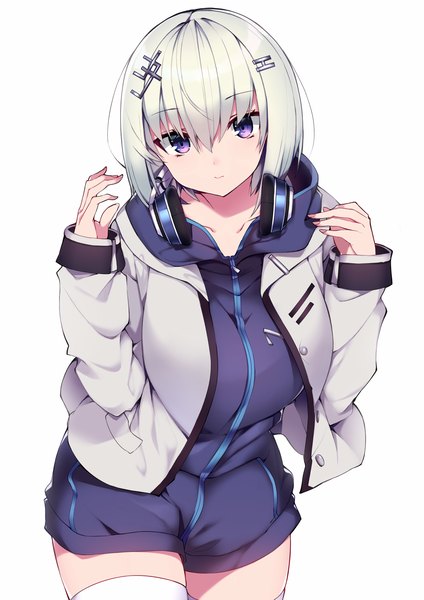 Anime picture 1200x1697 with original haruyuki (yukichasoba) single tall image looking at viewer fringe short hair breasts hair between eyes large breasts standing purple eyes white hair long sleeves arms up open jacket headphones around neck girl thighhighs hair ornament
