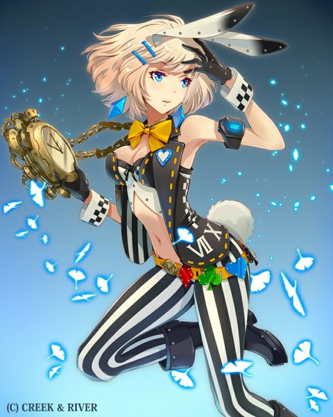 Anime picture 800x1000 with original hirobee single tall image fringe short hair blue eyes blonde hair standing bare shoulders holding signed animal ears looking away bent knee (knees) tail parted lips animal tail bare belly alternate costume