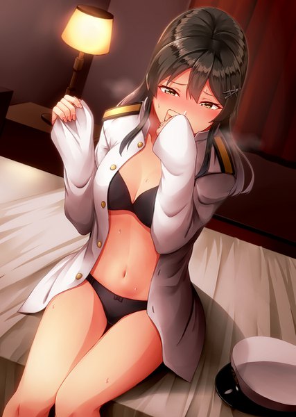 Anime-Bild 855x1200 mit kantai collection oyashio (kantai collection) kamelie single long hair tall image blush fringe light erotic black hair hair between eyes sitting yellow eyes payot open clothes sweat embarrassed thigh gap looking down covered mouth