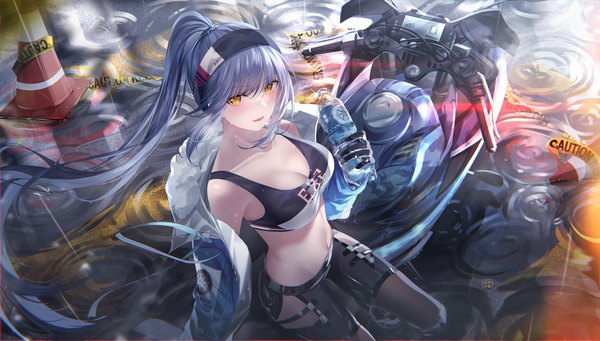 Anime picture 5312x3024 with azur lane yamaha essex (azur lane) essex (a trip down route 66) (azur lane) junpaku karen single long hair looking at viewer blush fringe highres breasts open mouth light erotic smile hair between eyes wide image large breasts sitting holding