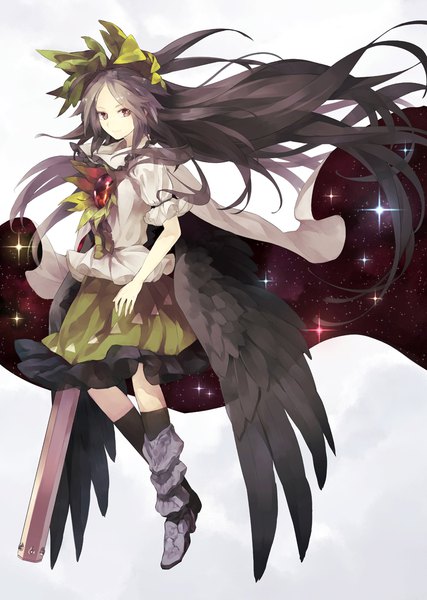 Anime picture 752x1057 with touhou reiuji utsuho shihou (g-o-s) single tall image looking at viewer black hair simple background full body very long hair wind black eyes grey background black wings starry sky print arm cannon space print girl bow weapon