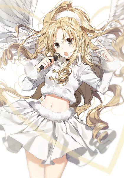 Anime picture 700x1000 with full moon wo sagashite studio deen kouyama mitsuki full moon (character) sorolp single long hair tall image looking at viewer open mouth blonde hair simple background white background holding signed payot ponytail pleated skirt black eyes bare belly