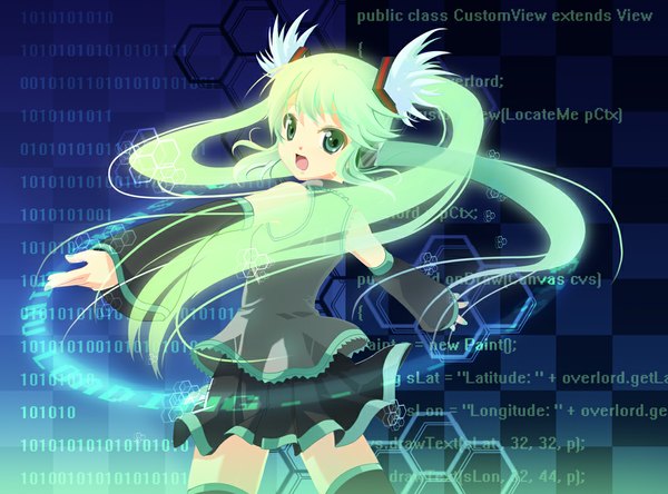 Anime picture 1063x788 with vocaloid hatsune miku long hair open mouth twintails green eyes looking back green hair loli girl