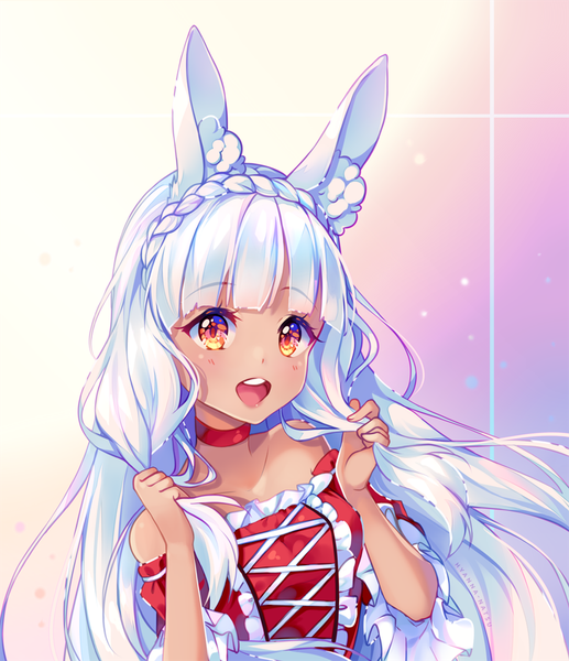 Anime picture 863x1000 with original hyanna-natsu single long hair tall image blush fringe open mouth smile bare shoulders signed animal ears looking away silver hair upper body blunt bangs braid (braids) :d off shoulder orange eyes