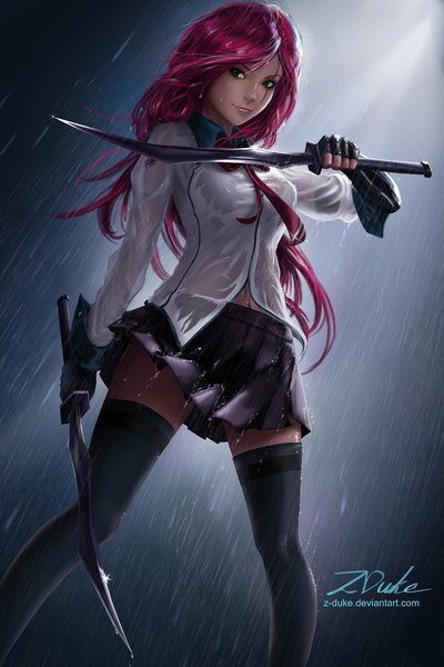 Anime picture 1220x1830 with league of legends katarina (league of legends) z-duke single long hair tall image looking at viewer fringe light erotic standing holding green eyes signed red hair pleated skirt lips wet alternate costume zettai ryouiki watermark