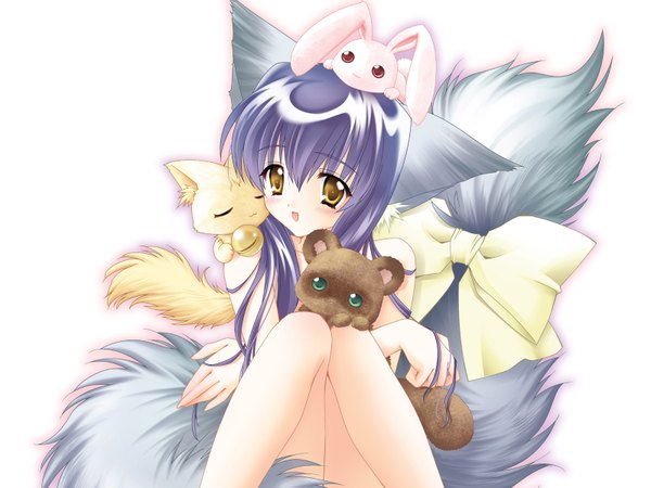 Anime picture 1600x1200 with tail tale koma (tail tale) soro (tail tale) iori (tail tale) min (tail tale) louis&visee single long hair looking at viewer blush fringe open mouth light erotic simple background hair between eyes white background sitting bare shoulders animal ears yellow eyes