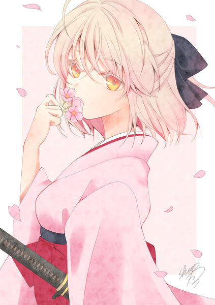 Anime picture 1500x2125 with fate (series) fate/grand order koha-ace okita souji (fate) (all) okita souji (koha-ace) sheepd single tall image looking at viewer blush fringe short hair simple background blonde hair hair between eyes standing holding signed yellow eyes upper body