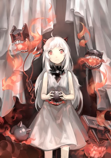 Anime picture 1000x1414 with kantai collection northern ocean hime zicai tang single long hair tall image looking at viewer fringe red eyes bare shoulders ahoge white hair horn (horns) shinkaisei-kan girl dress white dress curtains fire