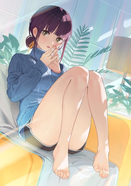 Anime picture 2894x4093 with original ddal single tall image looking at viewer blush fringe highres short hair open mouth light erotic sitting brown eyes payot purple hair full body bent knee (knees) indoors blunt bangs long sleeves