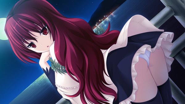 Anime picture 1024x576 with jesus 13th long hair light erotic red eyes wide image game cg red hair night pantyshot girl thighhighs dress black thighhighs moon