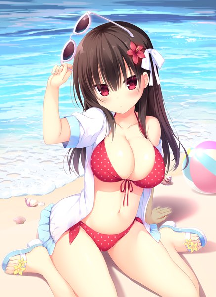 Anime picture 7922x10857 with dare ga yonda no!? utsunomiya tsumire single long hair tall image blush fringe highres light erotic hair between eyes red eyes brown hair sitting absurdres bent knee (knees) outdoors hair flower off shoulder arm support official art