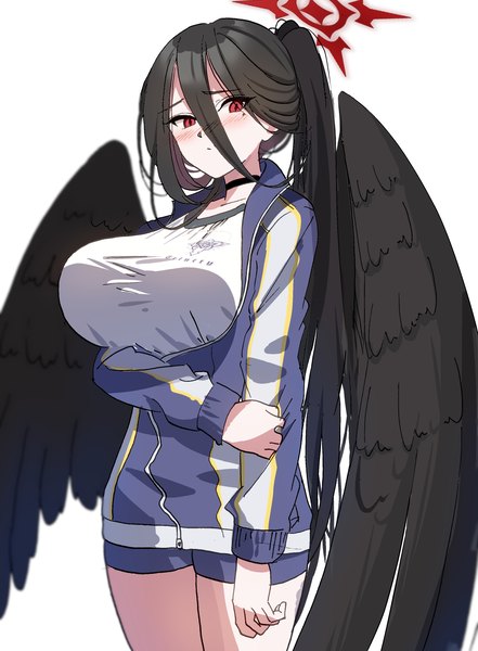 Anime picture 2389x3247 with blue archive hasumi (blue archive) hasumi (gym uniform) (blue archive) bazz000033 single long hair tall image looking at viewer fringe highres breasts light erotic black hair simple background hair between eyes red eyes large breasts white background ponytail official alternate costume