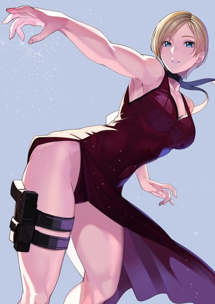 Anime picture 1736x2456 with street fighter capcom kolin kagematsuri single tall image looking at viewer fringe highres short hair breasts blue eyes light erotic simple background blonde hair standing parted lips armpit (armpits) outstretched arm blue background