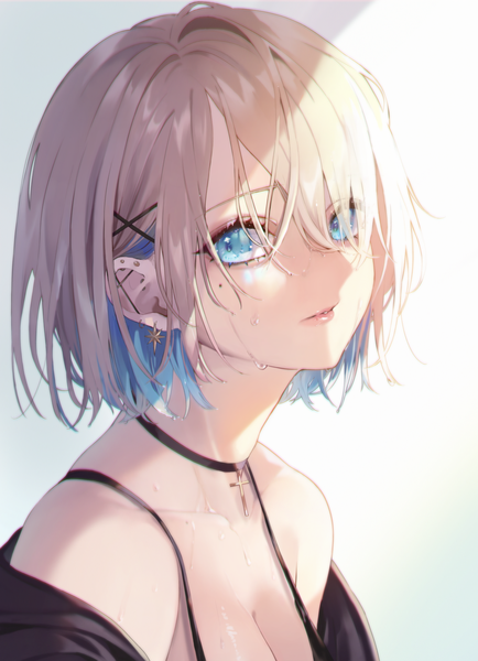 Anime picture 1446x2000 with original magako single tall image looking at viewer blush fringe short hair breasts blue eyes simple background blonde hair bare shoulders blue hair cleavage upper body parted lips multicolored hair lips hair over one eye