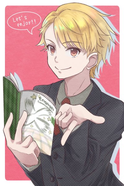 Anime picture 1000x1500 with idolmaster idolmaster side-m maita rui moep315 single tall image looking at viewer short hair simple background blonde hair smile red eyes upper body border pink background polka dot formal boy book (books) speech bubble