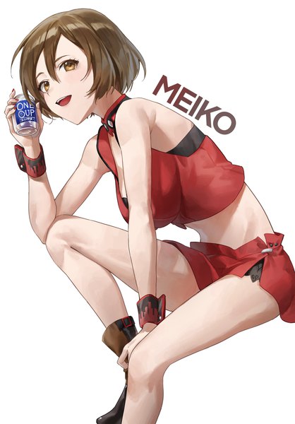 Anime picture 2603x3736 with vocaloid meiko meiko (vocaloid3) coppepan single tall image fringe highres short hair open mouth simple background hair between eyes brown hair white background sitting brown eyes :d bare legs midriff sleeveless