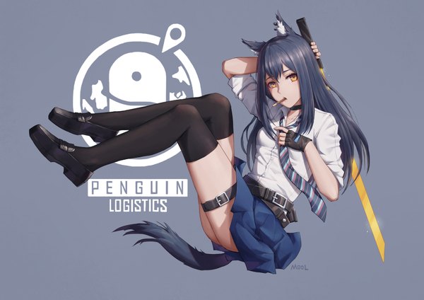Anime picture 1754x1240 with arknights texas (arknights) mool yueguang single long hair looking at viewer fringe highres black hair simple background holding brown eyes animal ears bent knee (knees) ass tail animal tail inscription mouth hold blue background