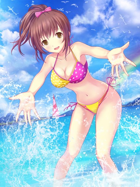 Anime picture 960x1280 with original dorakyura single tall image blush short hair open mouth light erotic smile brown hair brown eyes sky cloud (clouds) :d ass visible through thighs mountain girl navel bow swimsuit