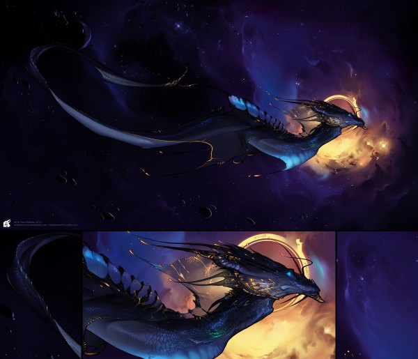 Anime picture 2400x2060 with whiteraven90 highres blue eyes signed glowing glowing eye (eyes) multiview fantasy space star (stars) dragon