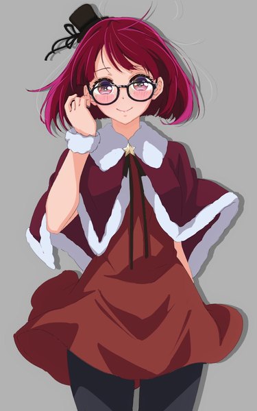 Anime picture 867x1389 with oshi no ko arima kana kuroudo (mst06738124mst) single tall image looking at viewer blush short hair simple background smile standing red hair pink eyes grey background christmas adjusting glasses bob cut bespectacled girl hat