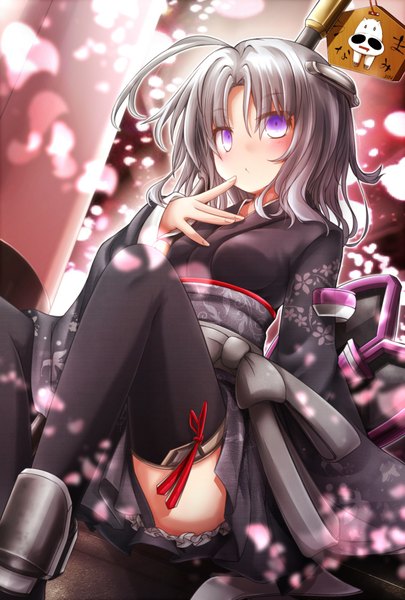 Anime picture 1350x2000 with original akino coto single tall image short hair purple eyes traditional clothes japanese clothes grey hair finger to mouth girl thighhighs hair ornament black thighhighs petals kimono obi