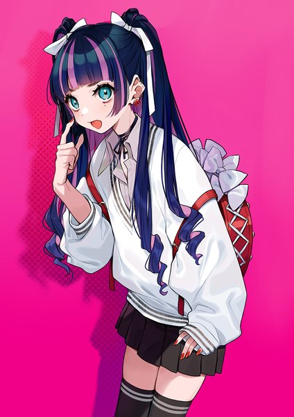Anime picture 848x1200 with original yuu (higashi no penguin) single long hair tall image fringe black hair simple background payot blunt bangs long sleeves nail polish pleated skirt multicolored hair aqua eyes shadow two side up zettai ryouiki streaked hair drill hair