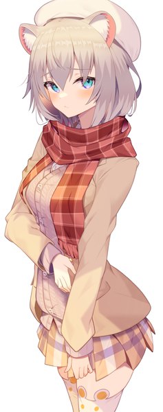 Anime picture 1578x4000 with original jun (aousa0328) single tall image looking at viewer blush fringe short hair blue eyes simple background hair between eyes standing white background animal ears long sleeves pleated skirt grey hair skindentation plaid skirt bear ears