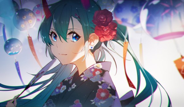 Anime picture 2456x1429 with vocaloid hatsune miku hua ben wuming single long hair fringe highres blue eyes hair between eyes wide image twintails upper body traditional clothes japanese clothes hair flower aqua hair girl flower (flowers) earrings fan