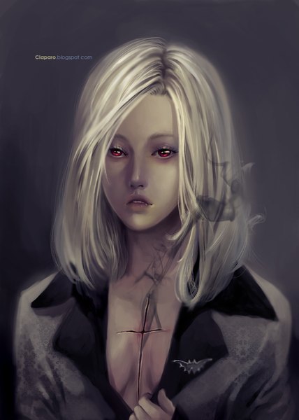 Anime picture 731x1024 with original claparo-sans single long hair tall image open mouth simple background blonde hair red eyes signed grey background teeth fang (fangs) portrait smoke injury girl cross brooch