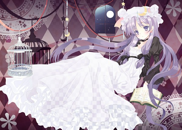 Anime picture 1000x715 with touhou patchouli knowledge omiso (omiso) single long hair blush purple eyes purple hair crescent girl dress bow hair bow book (books) bonnet cage