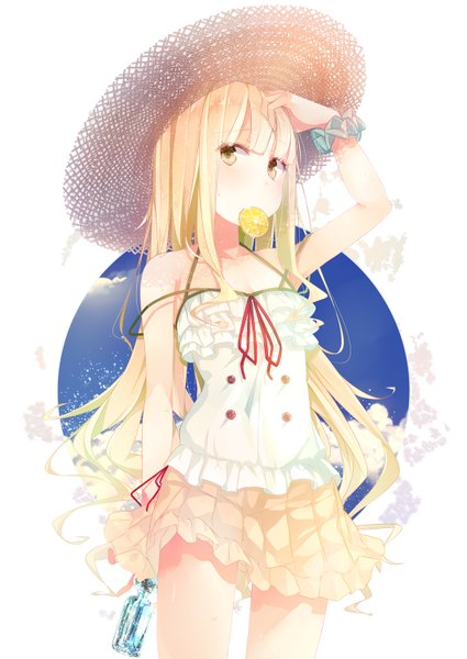 Anime picture 1062x1500 with original benio (dontsugel) single long hair tall image looking at viewer blonde hair white background bare shoulders holding brown eyes mouth hold girl dress hat sundress fruit orange (fruit)