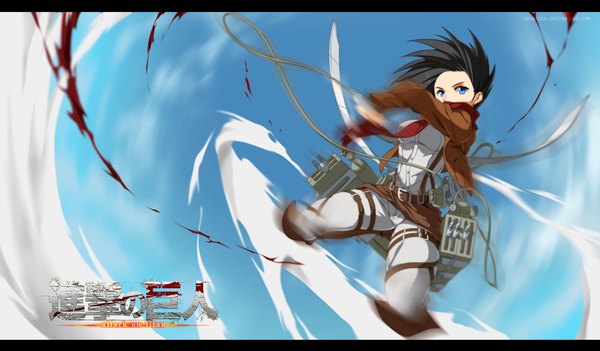 Anime picture 3000x1757 with shingeki no kyojin production i.g mikasa ackerman ironizer single highres short hair blue eyes black hair wide image holding sky cloud (clouds) inscription coloring hieroglyph letterboxed dual wielding battle girl