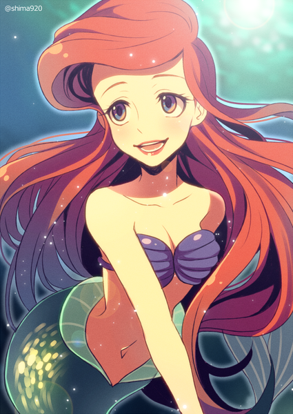 Anime picture 600x847 with the little mermaid disney ariel mashima shima single long hair tall image breasts open mouth smile looking away red hair lips midriff floating hair underwater girl navel mermaid fin (fins)