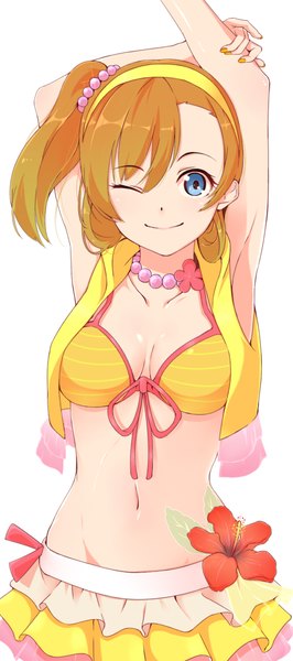 Anime picture 500x1127 with love live! school idol project sunrise (studio) love live! kousaka honoka egooo single tall image looking at viewer short hair blue eyes simple background smile white background one eye closed wink orange hair armpit (armpits) one side up girl flower (flowers)