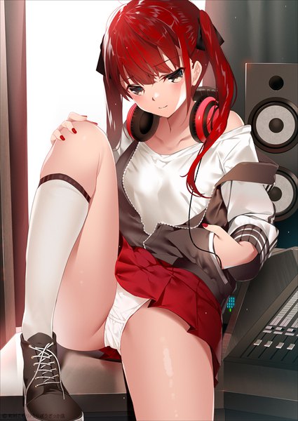 Anime picture 567x800 with original machimura komori single long hair tall image blush fringe light erotic smile sitting twintails yellow eyes red hair indoors nail polish pleated skirt off shoulder hand in pocket hand on knee headphones around neck