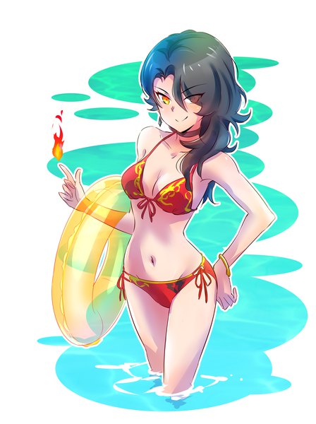Anime picture 2839x3800 with rwby rooster teeth cinder fall iesupa single long hair tall image looking at viewer fringe highres breasts light erotic black hair smile cleavage hair over one eye orange eyes hand on hip partially submerged transparent