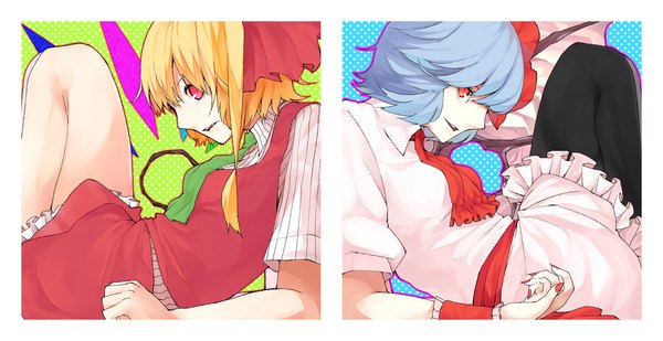 Anime picture 1550x800 with touhou flandre scarlet remilia scarlet haruba negi short hair blonde hair red eyes wide image multiple girls blue hair nail polish profile reclining back to back girl skirt 2 girls pantyhose wings necktie