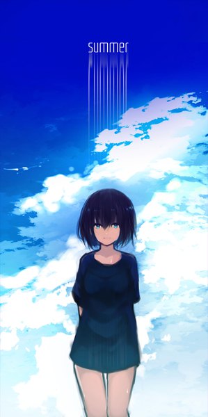 Anime picture 1064x2136 with original tarbo (exxxpiation) single tall image looking at viewer fringe short hair blue eyes black hair hair between eyes sky cloud (clouds) light smile inscription bare legs tears summer girl t-shirt