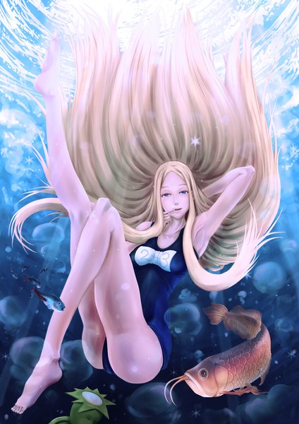 Anime picture 1414x2000 with arakawa under the bridge shaft (studio) nino minusion single long hair tall image blue eyes light erotic blonde hair legs underwater girl swimsuit water one-piece swimsuit bubble (bubbles) fish (fishes) school swimsuit